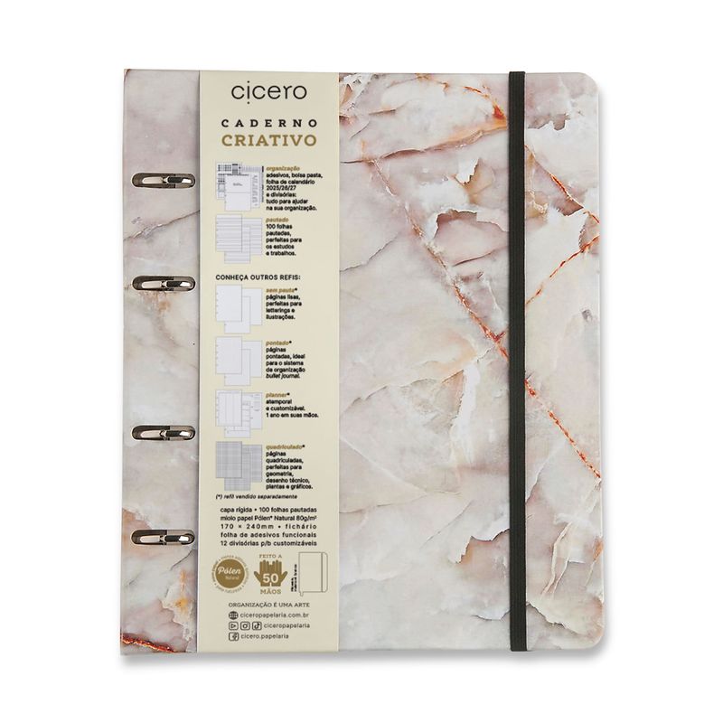 Caderno Criativo Argolado Minerais Pautado 17x24cm Mármore Branco Cicero-1771950393457